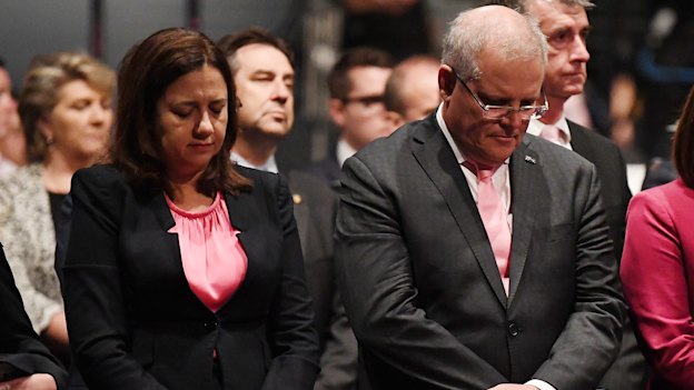 Queensland Premier Annastacia Palaszczuk, Australian Prime Minister Scott Morrison and Queensland Ppposition Leader Deb Frecklington are seen during the funeral for Hannah Clarke and her three children