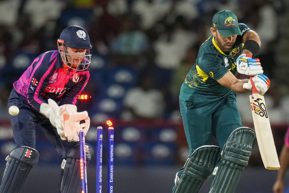 Glenn Maxwell is bowled during the men’s T20 World Cup match between Australia and Scotland, at Darren Sammy National Cricket Stadium, Gros Islet, St. Lucia, on Saturday, June 15.