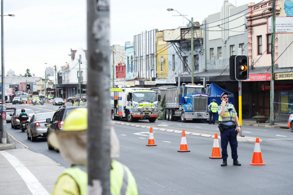 Parramatta Road after a cyclist was hit by a truck.
