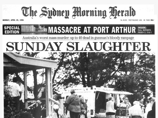 Page one of the Sydney Morning Herald on April 29, 1996. The photo was taken by a Port Arthur tourist soon after the rampage began at the Broad Arrow Cafe, where the gunman left more than 20 dead. 