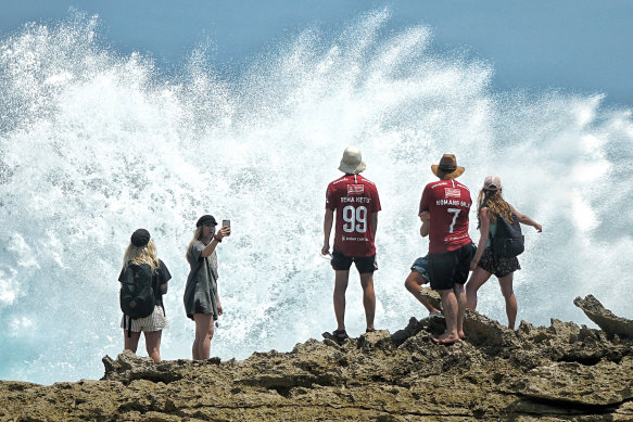 Tehlara Lovett, second  from left, and friends at Devil's Tears on Lembongan Island.