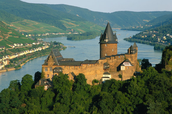 Stahleck Castle, Germany, around a river bend.