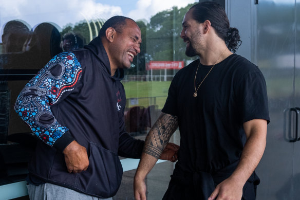 Former Manly hit man Solomon Haumono and Josh Aloiai together at Brookvale on Friday.