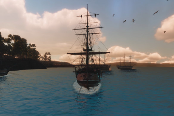 The First Fleet at Sydney Cove in 1788 as envisaged for the Australia Day concert.