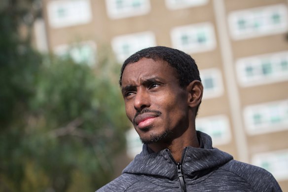 Ahmed Dini, a resident of Canning Street tower in North Melbourne, who was allowed to leave on Friday.