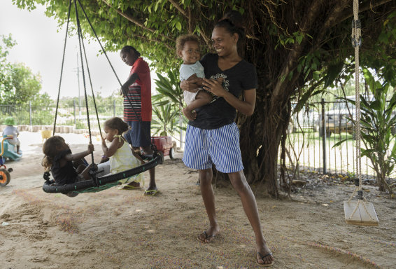 Leah Warradoo and her daughter Angejazayna Wilson playing at the Kuunchi Kakana Centre in Lockhart River. 