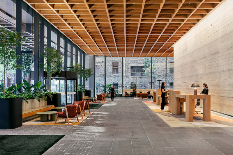 The Fender Katsalidis-designed renovated lobby of 500 Bourke Street. ISPT decided to strip it out and refit the shell of the building, removing gas and making it fully electric.