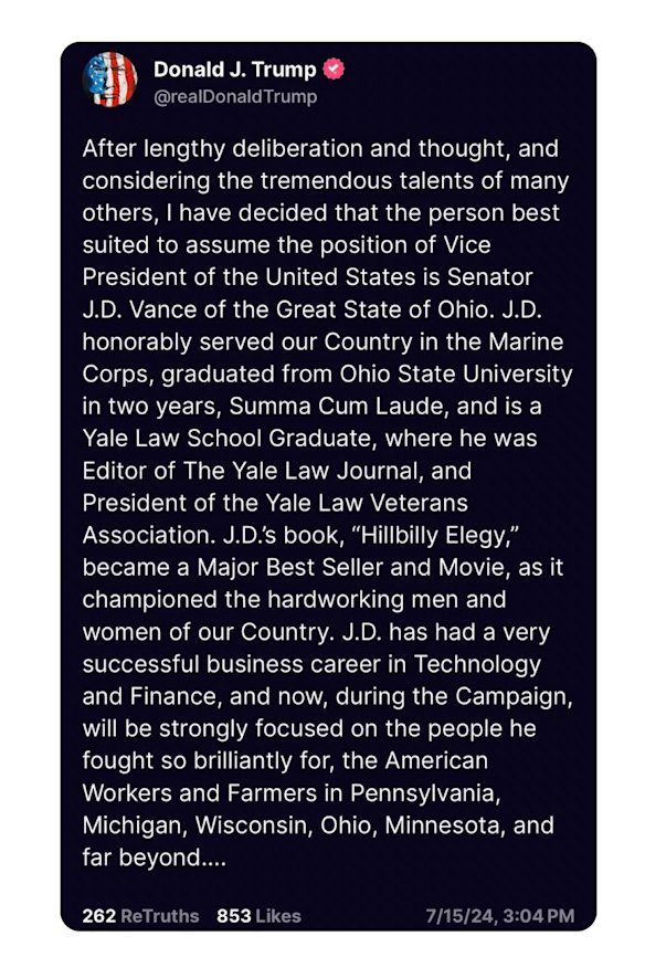Trump’s announcement of J.D. Vance as his pick for vice presidential running mate on Truth Social.