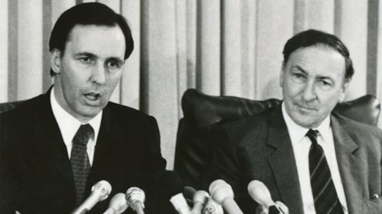 The Treasurer Mr. Paul Keating and the Chairman of the Reserve Bank Mr. R.A. Johnston give a Press Conference at Parliament House on the suspension of foreign exchange.
