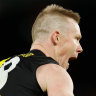 Jack Riewoldt celebrates a goal against the Kangaroos on Saturday.