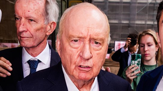 Former broadcaster Alan Jones and his lawyer Bryan Wrench at a court appearance.