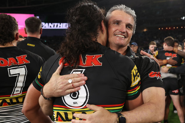 Jarome Luai and coach Ivan Cleary after Penrith’s 2023 grand final triumph.