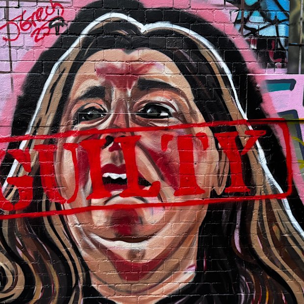 A graffiti mural of Erin Patterson has been altered to add the word “guilty” in a laneway near the Queen Victoria Market in Melbourne.