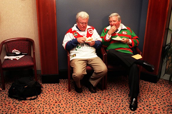 Former senator Graham Richardson and former NSW premier Nick Greiner chow down after the annual St George-Souths Charity Shield match press conference held at South Sydney Leagues Club.