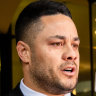 Jarryd Hayne leaves court after being convicted last year.