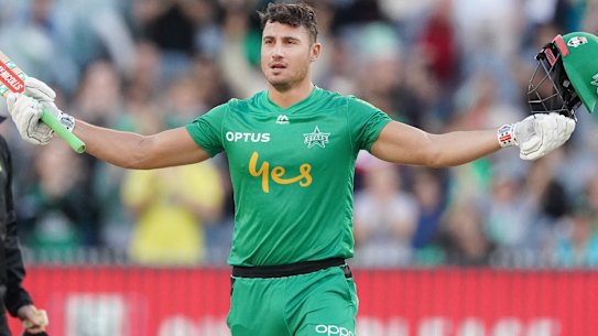 Marcus Stoinis celebrates  a century earlier this season.