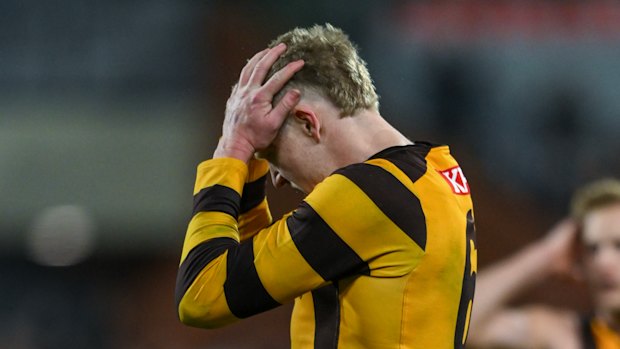 Hawthorn captain James Sicily reacts after hitting the post in a crucial kick during the 2024 semi-final against Port Adelaide.
