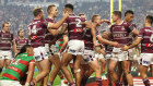 The Sea Eagles celebrate Reuben Garrick scoring a try during the round one NRL match between Manly Sea Eagles and South Sydney Rabbitohs in Las Vegas.