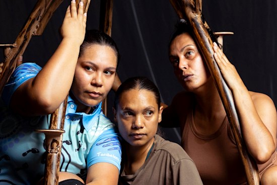 Aroha Pehi, Serene Yunupingu and Miah Wright of the Jannawi Dance Clan who will perform Garrigarrang Badu at the Opera House as part of Sydney Festival. Photographed in Newington, Sydney on December 19, 2025. Photo: Dominic Lorrimer