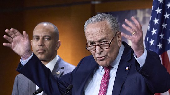 FILESenate Minority Leader Chuck Schumer, D-N.Y., and House Minority Leader Hakeem Jeffries, D-N.Y., left, hold a news conference on the GOP reconciliation bill, at the Capitol in Washington, Wednesday, June 11, 2025. (AP Photo/J. Scott Applewhite, file)