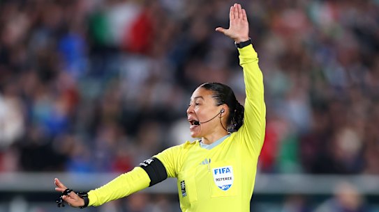 Referee Melissa Borjas in action during Monday’s Group G match between Italy and Argentina.