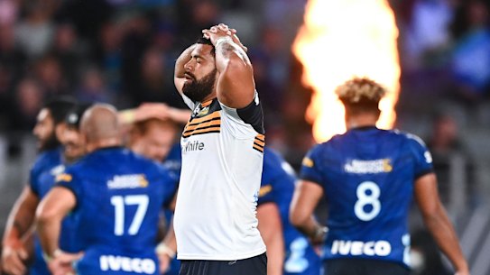 Scott Sio of the Brumbies look on in disappointment at full-time.