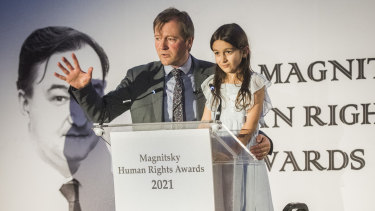 Richard Ratcliffe and his seven-year-old daughter Gabriella accepting a Magnitsky Human Rights Award on behalf of Nazanin Zaghari-Ratcliffe, who is detained in Iran.