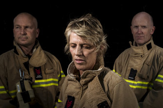 Firefighters Jason Dale, Kat Dunell and Adrian Lovelace, who were part of the crew tasked to fight the chemical fire at West Footscray last year.