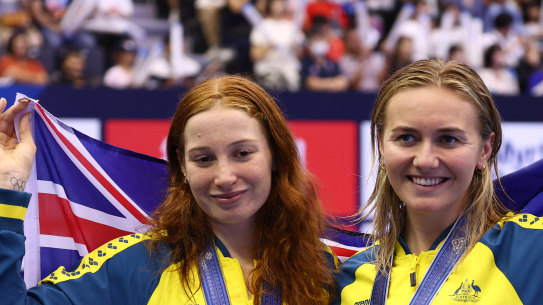 Mollie O’Callaghan and Ariarne Titmus at the world championships.