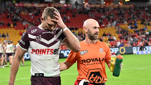 Tom Trbojevic leaves the field after suffering a hamstring injury.