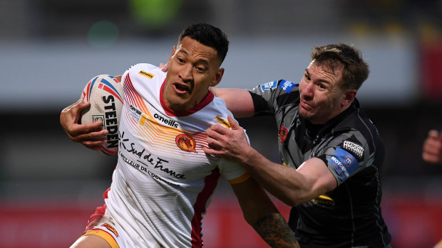 Israel Folau playing for the Catalans Dragons earlier this week.