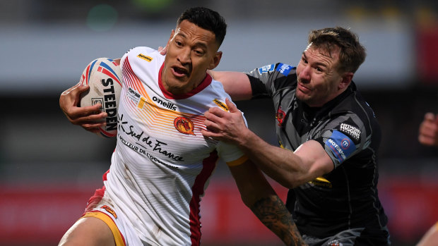 Israel Folau playing for the Catalans Dragons earlier this week.
