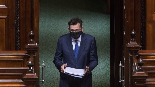 Daniel Andrews arrives in the Victorian Parliament for question time on Tuesday.