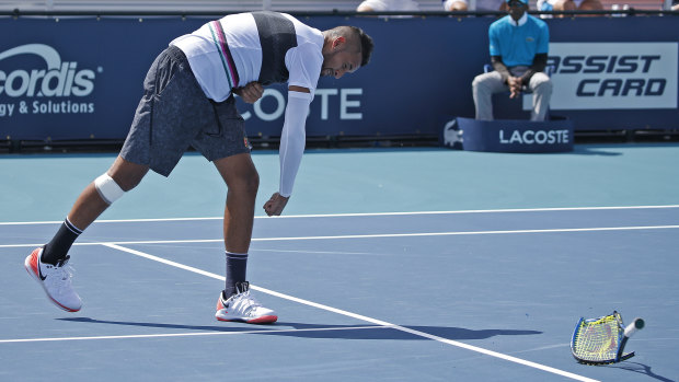 Making a racket: Nick Kyrgios was sanctioned for racquet abuse during the match against Borna Coric.