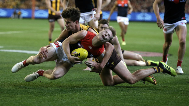 Hawk Daniel Howe’s high tackle on Demon Charlie Spargo led to an important goal last night at the MCG. 