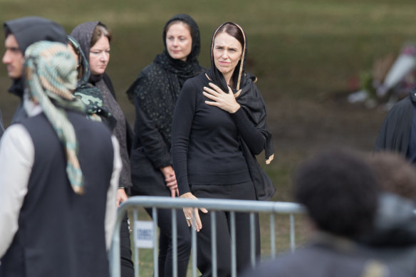 New Zealand Prime Minister Jacinda Ardern at the Al Noor Mosque after the Christchurch shooting in 2019.