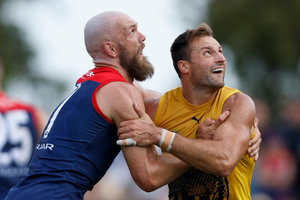 Max Gawn of the Demons and Toby Nankervis of the Tigers compete in a ruck contest. 