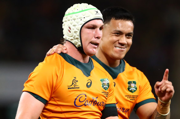 Michael Hooper celebrates with Len Ikitau. It was Hooper’s 60th Test as captain. He now goes past George Gregan on the all-time Australian list. 