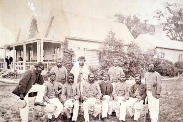 The Aboriginal cricket team who played the Melbourne Cricket Club on Boxing Day, 1866. Dick-a-Dick is standing on the far right.