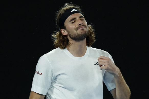 Stefanos Tsitsipas reacts during the first set.
