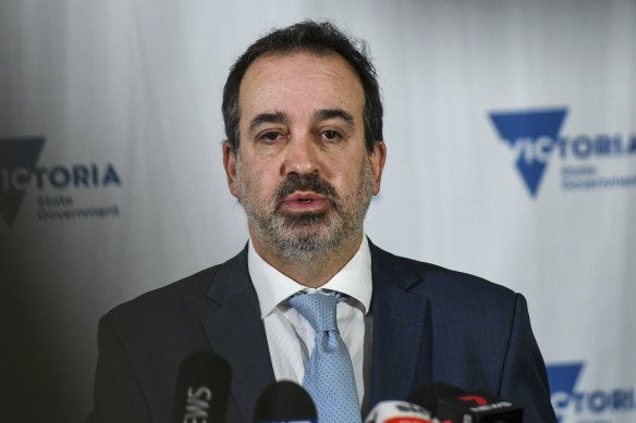 Victoria’s Industry Support and Recovery and Tourism Minister Martin Pakula addresses the media on Wednesday.