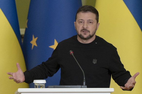 Volodymyr Zelensky during a news conference in Kyiv, Ukraine, on Saturday.