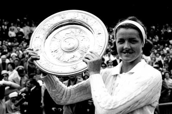 Court, then Margaret Smith, with the Wimbledon trophy in 1963.