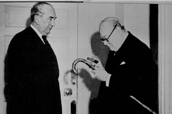 Stanley Bruce presenting Winston Churchill with an Australian gift walking stick in 1944 – but the relationship was not always a happy one.