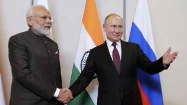 Russian President Vladimir Putin, right, and Indian Prime Minister Narendra Modi at the BRICS Summit in Brazil.