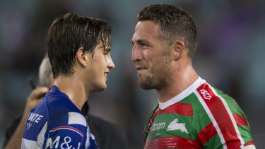 Friendly rivals: Lachlan Lewis and Sam Burgess share a laugh after their Good Friday clash.