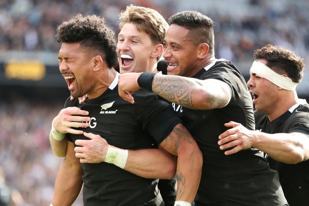 All Black Ardie Savea (left) celebrates scoring a try with Beauden Barrett and Shannon Frizell during the Bledisloe Cup match between the All Blacks and the Wallabies at Eden Park in Auckland last October. 