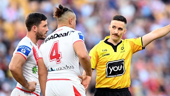 St George Illawarra’s Tyrell Fuimaono gets his marching orders on Sunday.