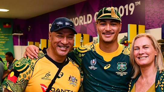 Jordan Petaia and his parents after Australia's 45-10 win over Uruguay at last year's Rugby World Cup.