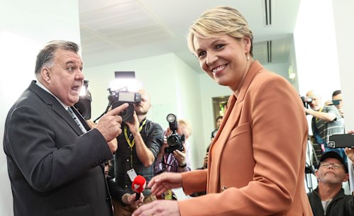 Craig Kelly and Tanya Plibersek argue in the hallway of Parliament House on Wednesday.